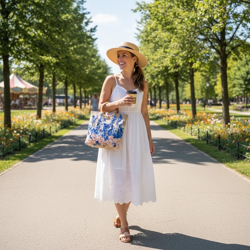 Artistic Tan and Blue Satchel with Textured Design